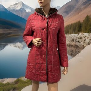 Leega Jacket Coat Red Embroiders Mink And Rabbit Fur Linen Medium Hooded